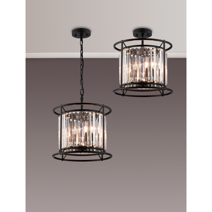 Idolite Petra 3 Light Pendant/Semi-Flush Ceiling Light Satin Black With Clear Crystal