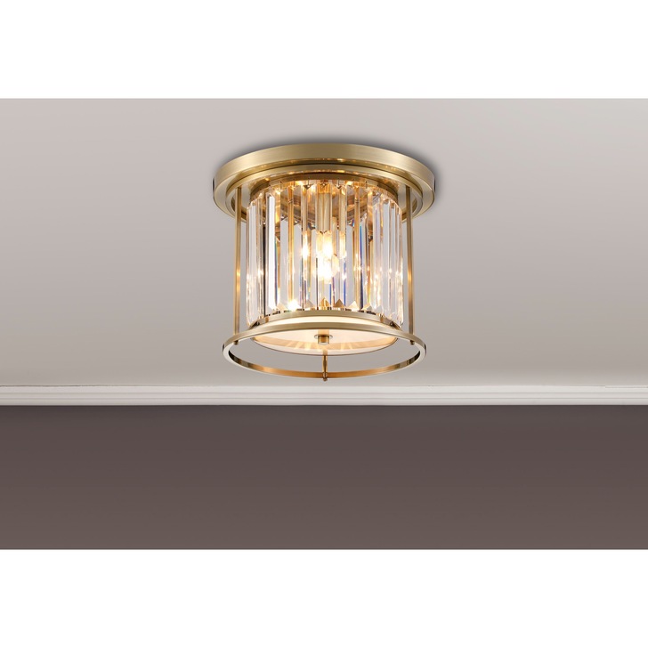 Idolite Petra 3 Light Round Flush Ceiling Light Antique Brass With Clear Crystal