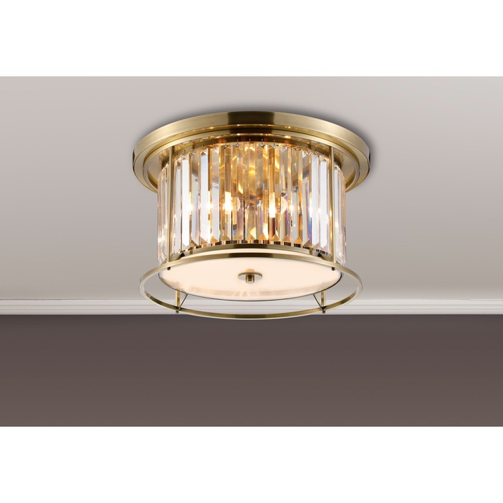 Idolite Petra 4 Light Round Flush Ceiling Light Antique Brass With Clear Crystal