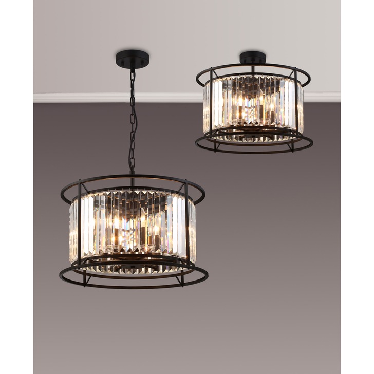 Idolite Petra 6 Light Pendant/Semi-Flush Ceiling Light Satin Black With Clear Crystal