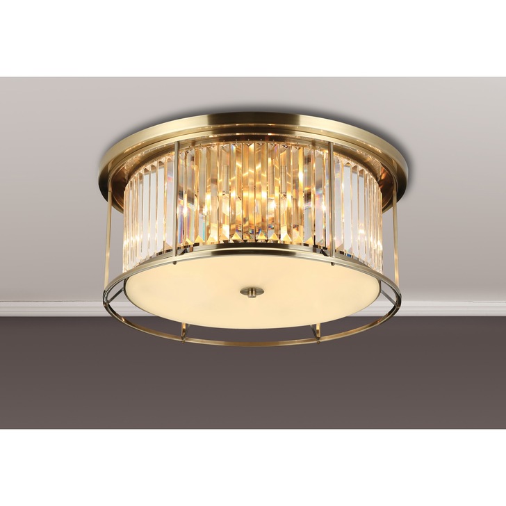 Idolite Petra 6 Light Round Flush Ceiling Light Antique Brass With Clear Crystal