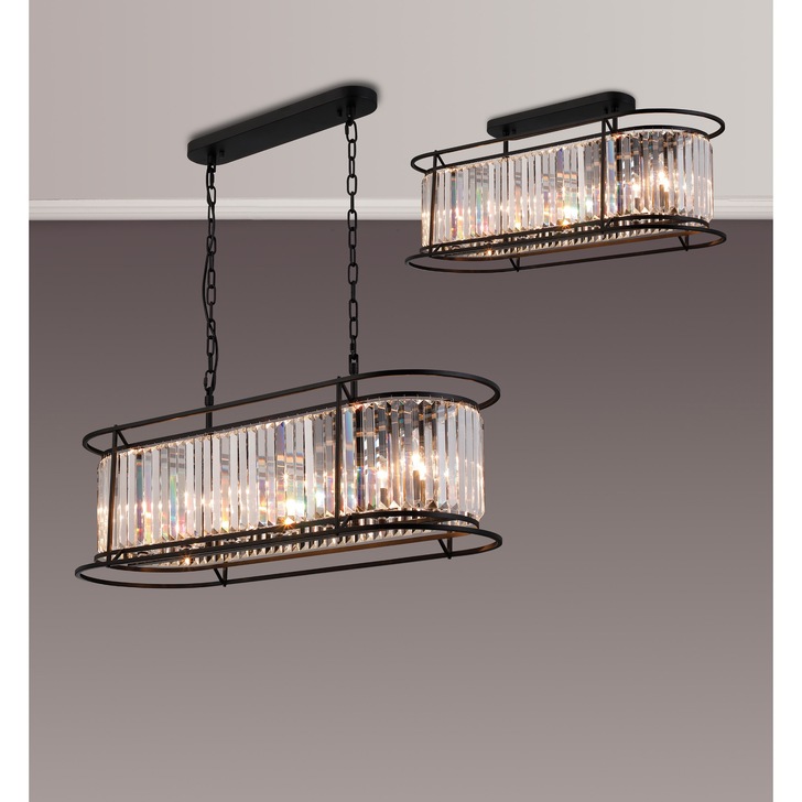 Idolite Petra 7 Light Oval Linear Bar Pendant/Semi-Flush Ceiling Light Satin Black With Clear Crystal