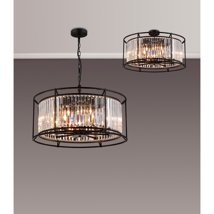 Idolite Petra 8 Light Pendant/Semi-Flush Ceiling Light Satin Black With Clear Crystal