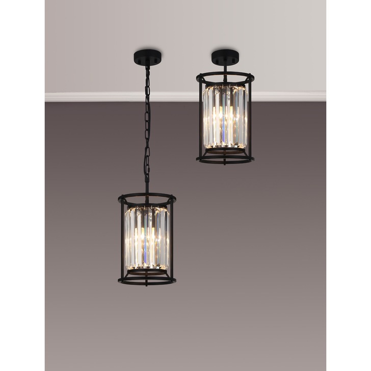 Idolite Petra Single Pendant/Semi-Flush Ceiling Light Satin Black With Clear Crystal