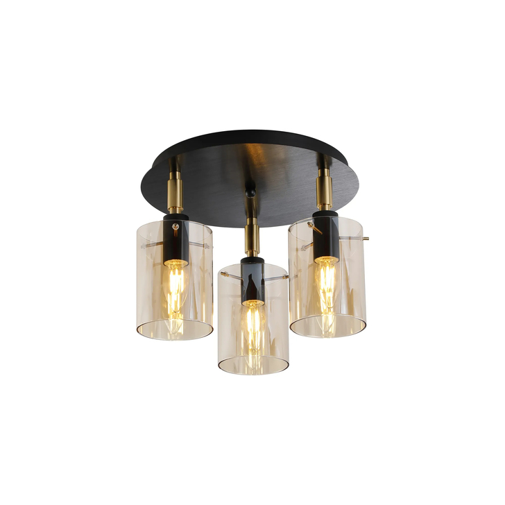 Idolite Rose Black And Brass 3 Light Flush Bathroom Ceiling Light Complete With Amber Glasses - IP44