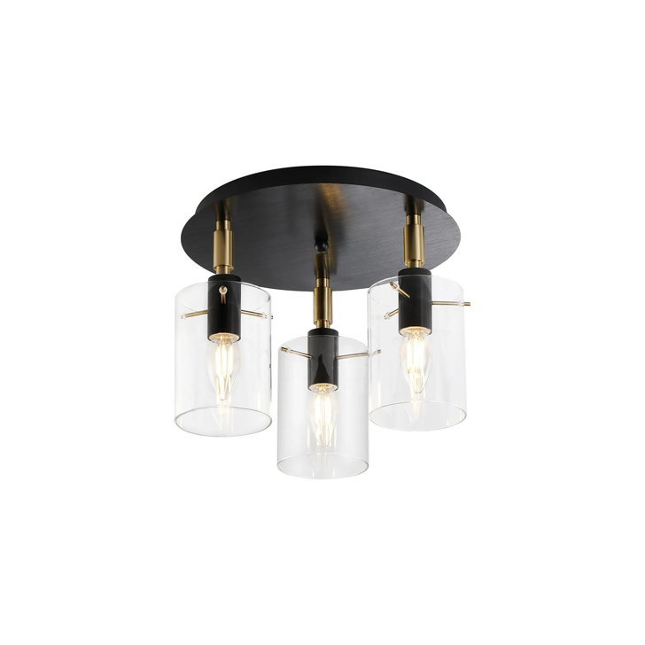 Idolite Rose Black And Brass 3 Light Flush Bathroom Ceiling Light Complete With Clear Glasses - IP44