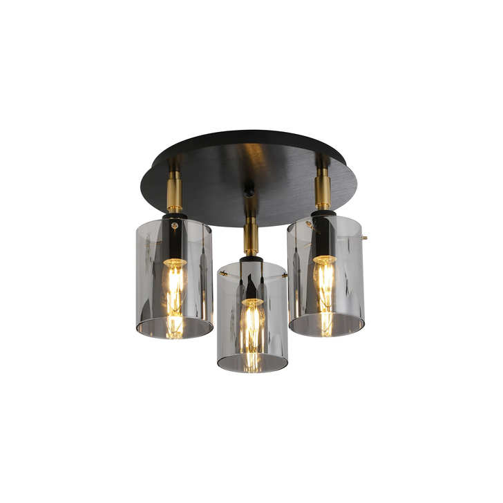 Idolite Rose Black And Brass 3 Light Flush Bathroom Ceiling Light Complete With Smoke Glasses - IP44