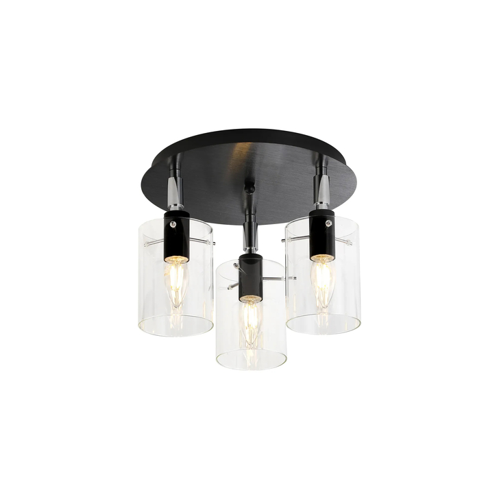 Idolite Rose Black And Polished Chrome 3 Light Flush Bathroom Ceiling Light Complete With Clear Glasses - IP44