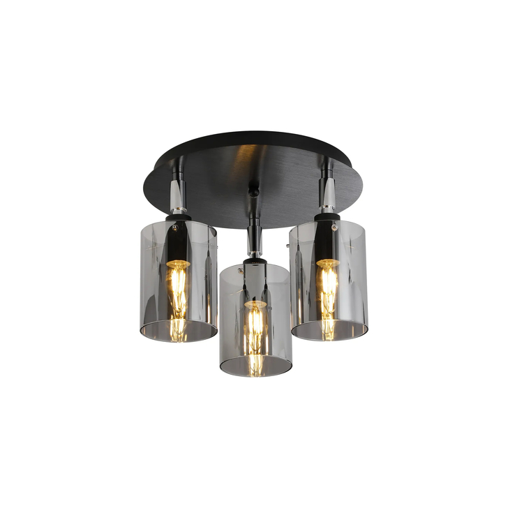 Idolite Rose Black And Polished Chrome 3 Light Flush Bathroom Ceiling Light Complete With Smoke Glasses - IP44