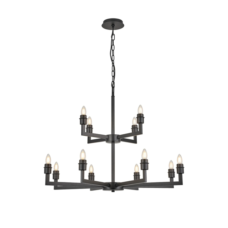 Idolite Ruari Satin Black 4 + 8, 12 Light Two Tier Pendant Light (Frame Only)