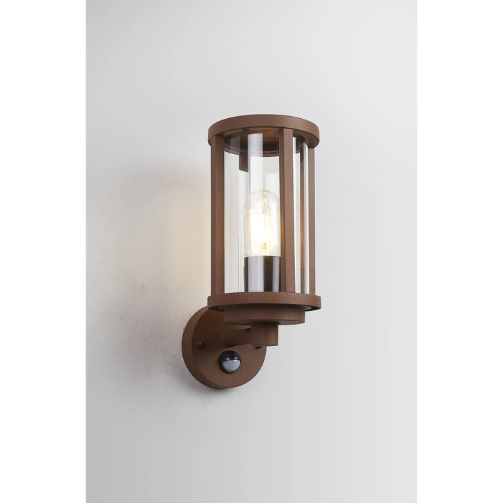 Idolite Sannee Cylinder PIR Wall Lamp 1 Light IP44 Dark Brown/Clear