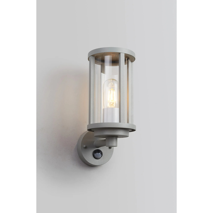 Idolite Sannee Cylinder PIR Wall Lamp 1 Light IP44 Matt Silver/Clear
