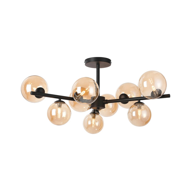 Idolite Segal Satin Black 88cm Semi-Flush 3 Arm 6 Light Complete With Amber Plated Glass Globe Shades
