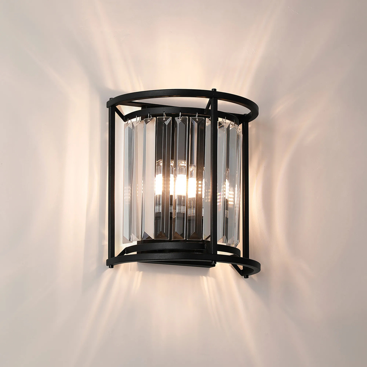 Idolite Seko Satin Black 2 Light Crystal Bathroom Wall Light - IP44