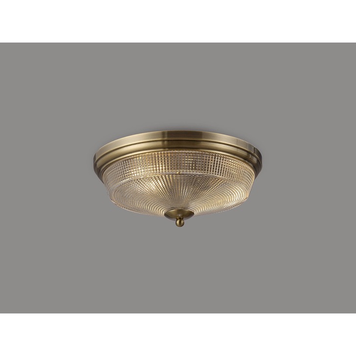 Idolite Sheridan Antique Brass 2 Light Flush Ceiling Light Complete With Prismatic Glass Shade