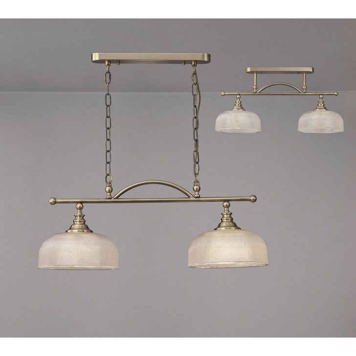 Idolite Sheridan Antique Brass 2 Light Linear Bar Pendant Complete With Prismatic Glass Shades