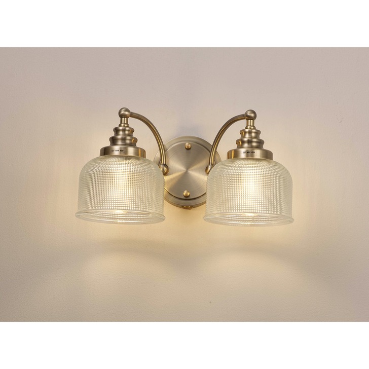 Idolite Sheridan Antique Brass 2 Light Wall Light Complete With Prismatic Glass Shades