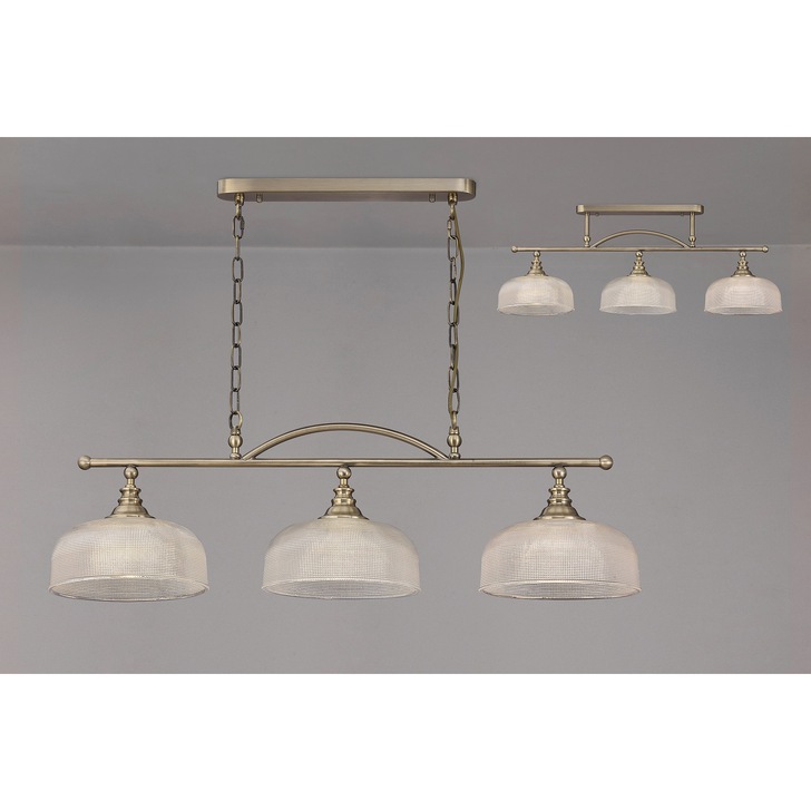 Idolite Sheridan Antique Brass 3 Light Linear Bar Pendant Complete With Prismatic Glass Shades