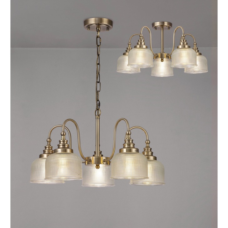 Idolite Sheridan Antique Brass 5 Light Pendant Complete With Prismatic Glass Shades