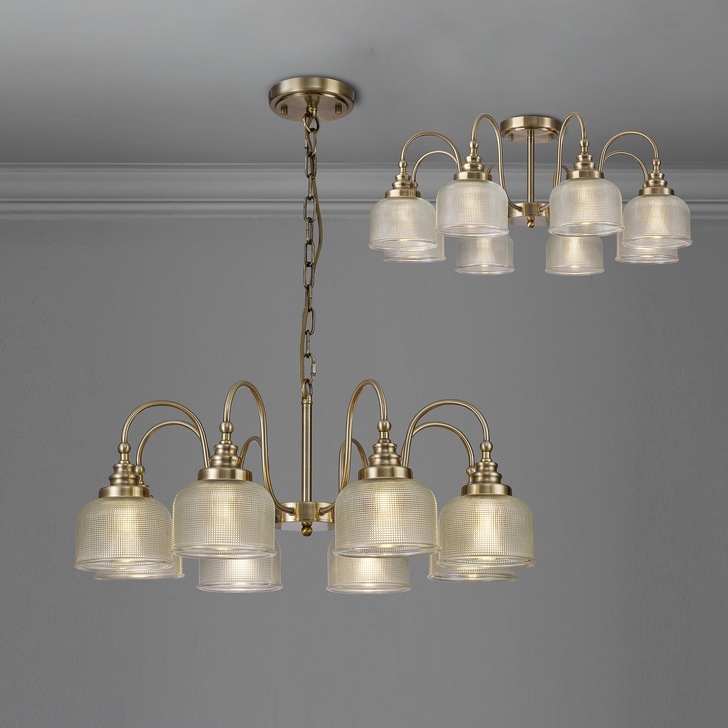 Idolite Sheridan Antique Brass 8 Light Pendant Complete With Prismatic Glass Shades