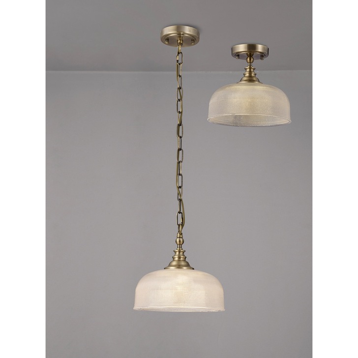 Idolite Sheridan Antique Brass Single Pendant Light Complete With Prismatic Glass Shade