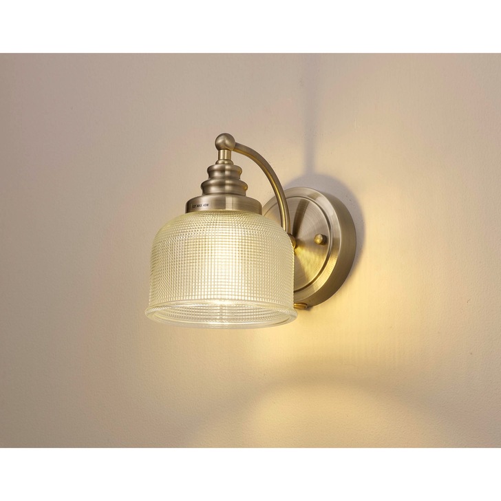 Idolite Sheridan Antique Brass Single Wall Light Complete With Prismatic Glass Shade