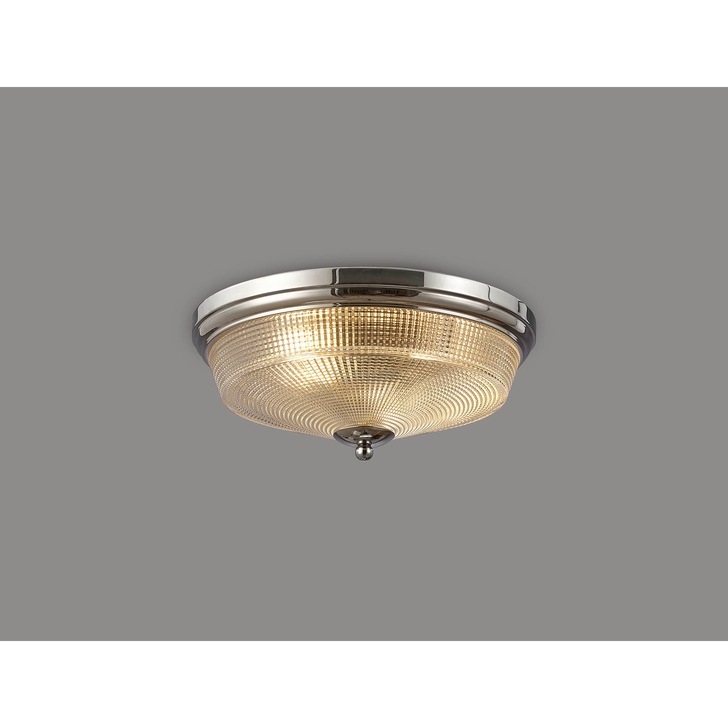 Idolite Sheridan Polished Nickel 2 Light Flush Ceiling Light Complete With Prismatic Glass Shade