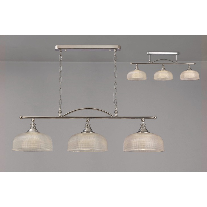 Idolite Sheridan Polished Nickel 3 Light Linear Bar Pendant Complete With Prismatic Glass Shades