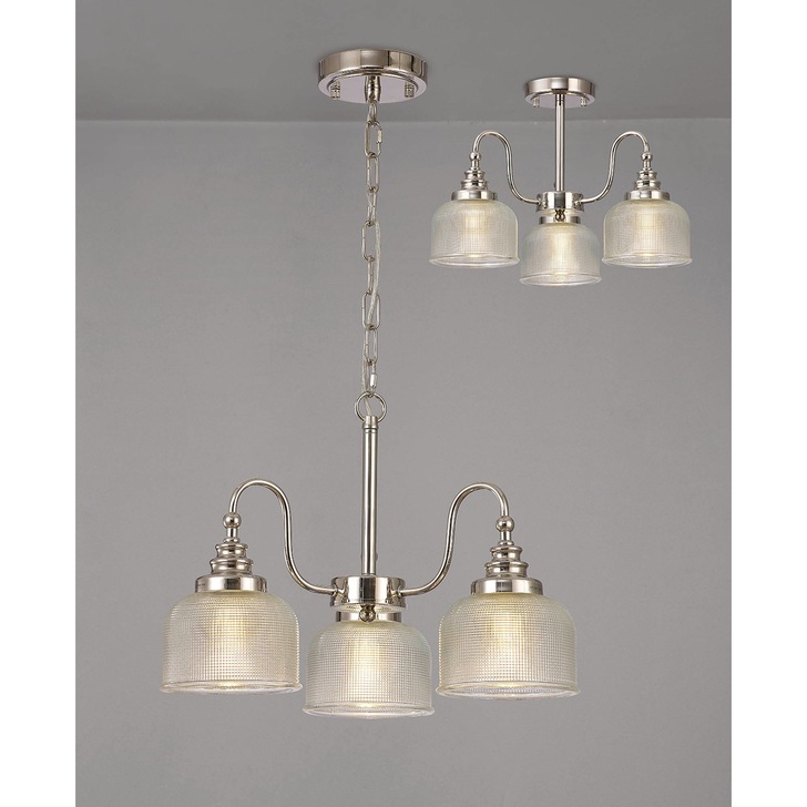 Idolite Sheridan Polished Nickel 3 Light Pendant Complete With Prismatic Glass Shades