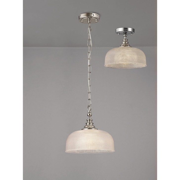 Idolite Sheridan Polished Nickel Single Pendant Light Complete With Prismatic Glass Shade