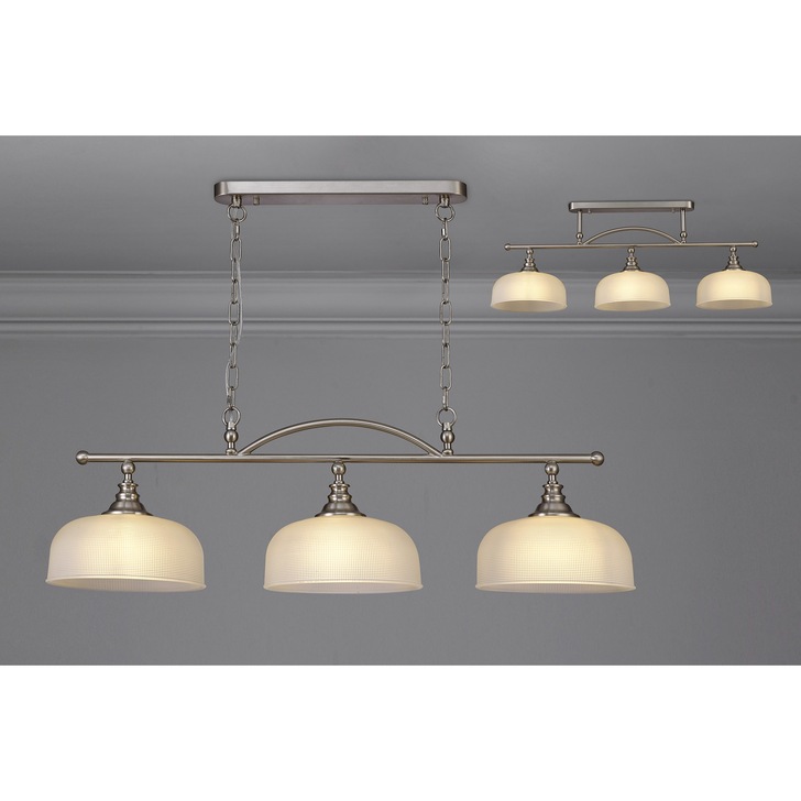 Idolite Sheridan Satin Nickel 3 Light Linear Bar Pendant Complete With Frosted Glass Shades