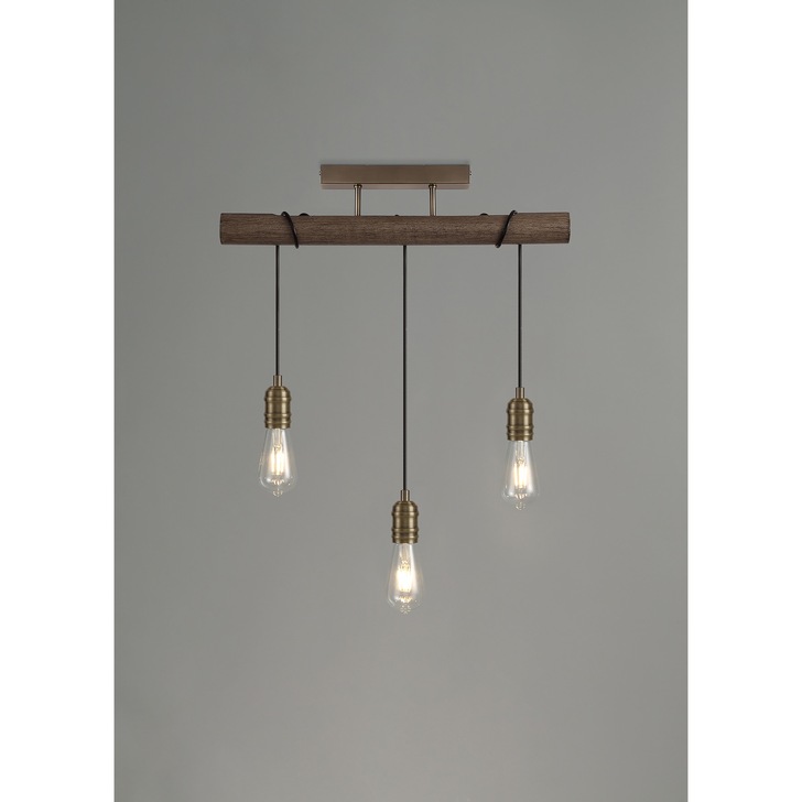 Idolite Skylar Medium Oak 3 Light Linear Pendant C/W Antique Brass Lamp Holders