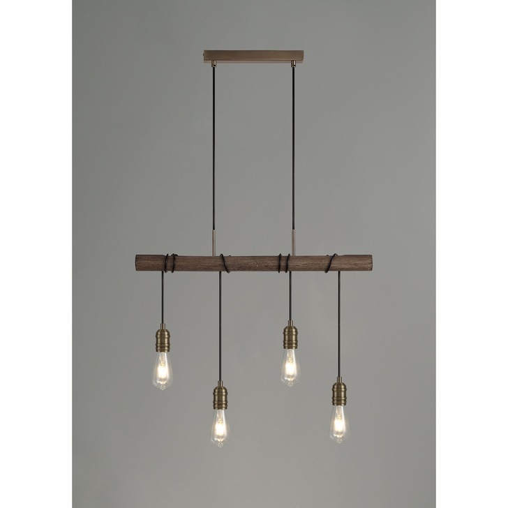 Idolite Skylar Medium Oak 4 Light Linear Pendant C/W Antique Brass Lamp Holders