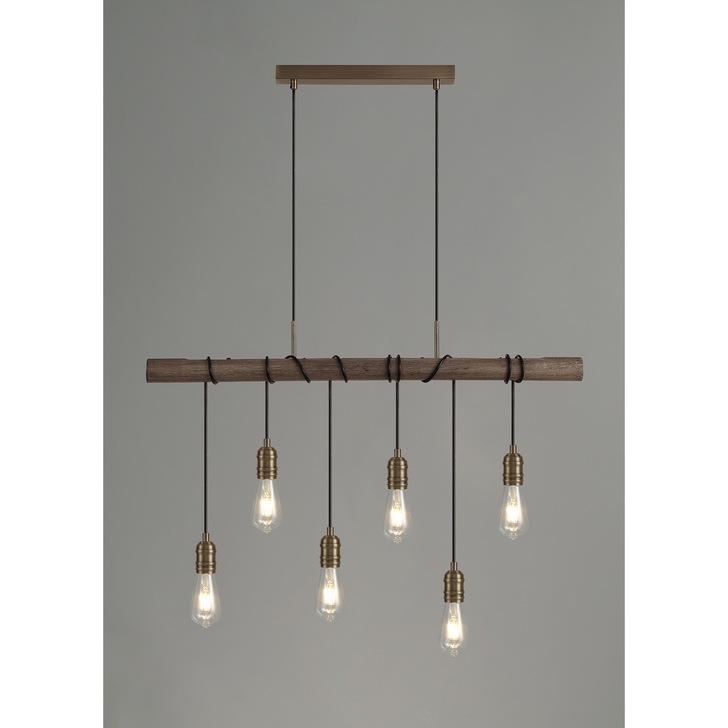 Idolite Skylar Medium Oak 6 Light Linear Pendant C/W Antique Brass Lamp Holders