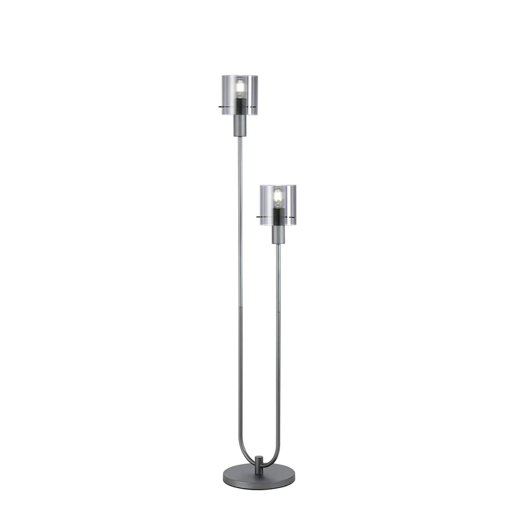 Idolite Snowdon 2 Light Floor Lamp In Dark Grey With Smoke Ribbed Glass Shades