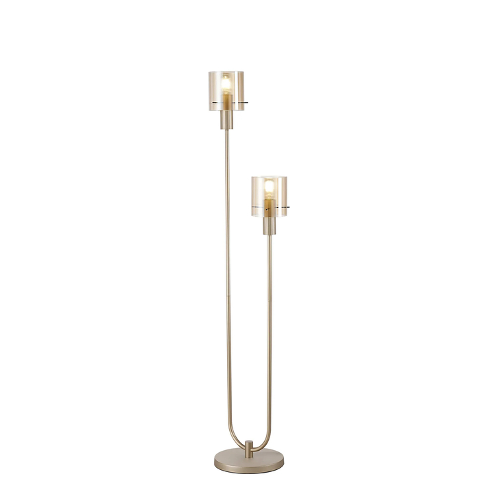 Idolite Snowdon 2 Light Floor Lamp In Gold With Amber Ribbed Glass Shades