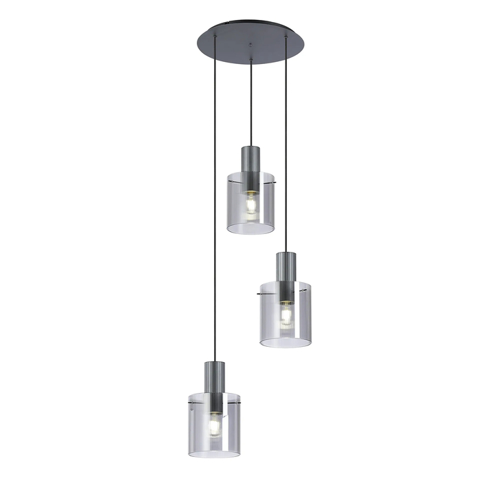 Idolite Snowdon 3 Light Cluster Pendant In Dark Grey With Smoke Ribbed Glass Shades