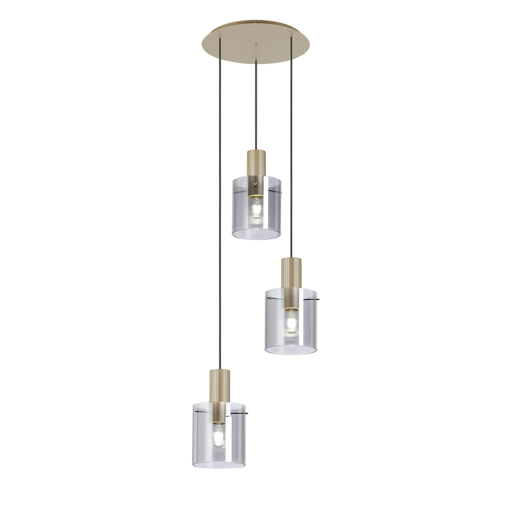 Idolite Snowdon 3 Light Cluster Pendant In Gold With Smoke Ribbed Glass Shades