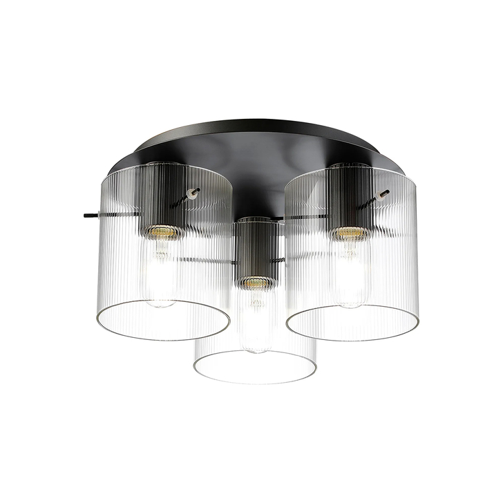 Idolite Snowdon 3 Light Flush Ceiling Light In Dark Grey With Clear Ribbed Glass Shades