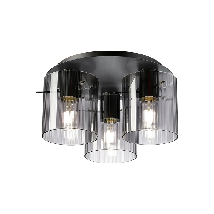 Idolite Snowdon 3 Light Flush Ceiling Light In Dark Grey With Smoke Ribbed Glass Shades