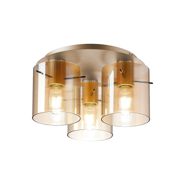 Idolite Snowdon 3 Light Flush Ceiling Light In Gold With Amber Ribbed Glass Shades