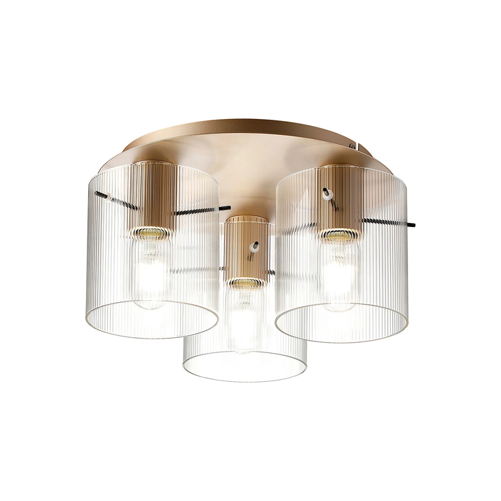 Idolite Snowdon 3 Light Flush Ceiling Light In Gold With Clear Ribbed Glass Shades