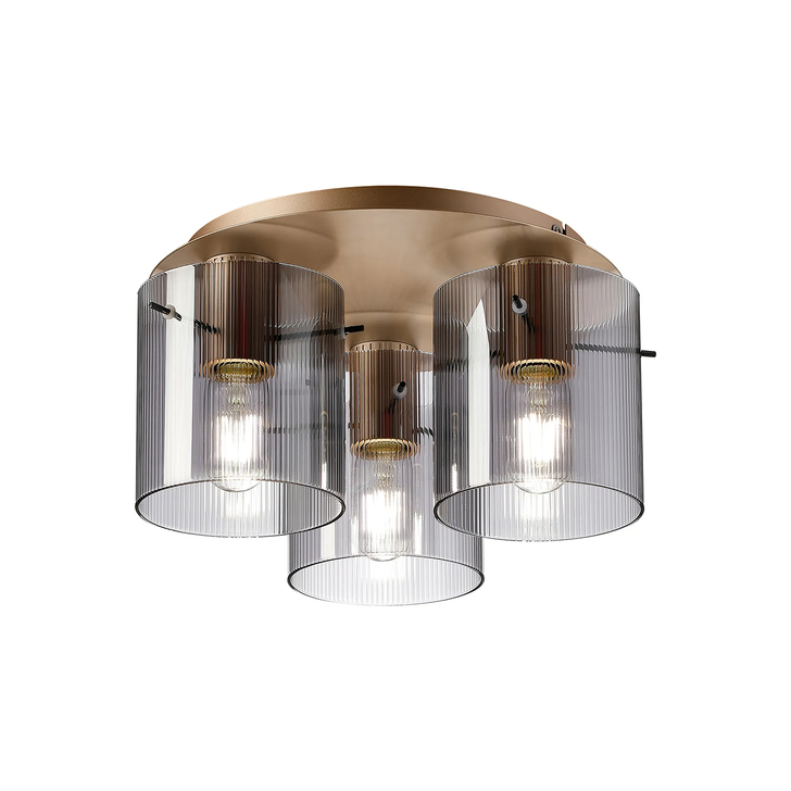 Idolite Snowdon 3 Light Flush Ceiling Light In Gold With Smoke Ribbed Glass Shades