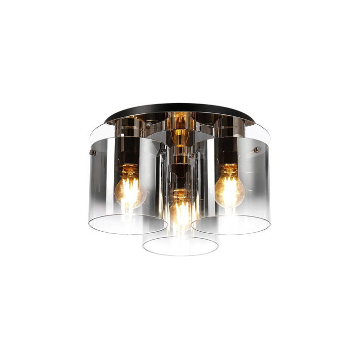 Idolite Snowdon 3 Light Flush Ceiling Light In Polished Nickel With Smoke Ombre Glass Shades