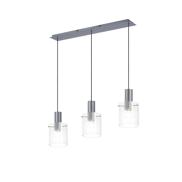 Idolite Snowdon 3 Light Linear Pendant In Dark Grey With Clear Ribbed Glass Shades