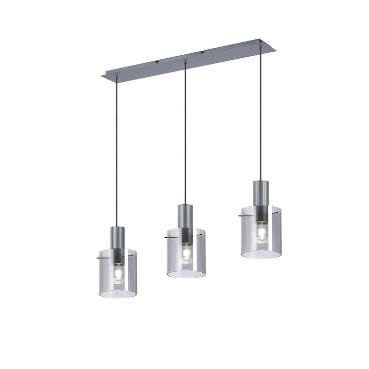 Idolite Snowdon 3 Light Linear Pendant In Dark Grey With Smoke Ribbed Glass Shades