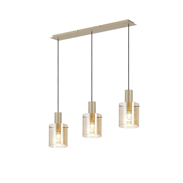 Idolite Snowdon 3 Light Linear Pendant In Gold With Amber Ribbed Glass Shades