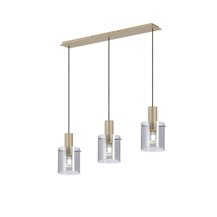 Idolite Snowdon 3 Light Linear Pendant In Gold With Smoke Ribbed Glass Shades