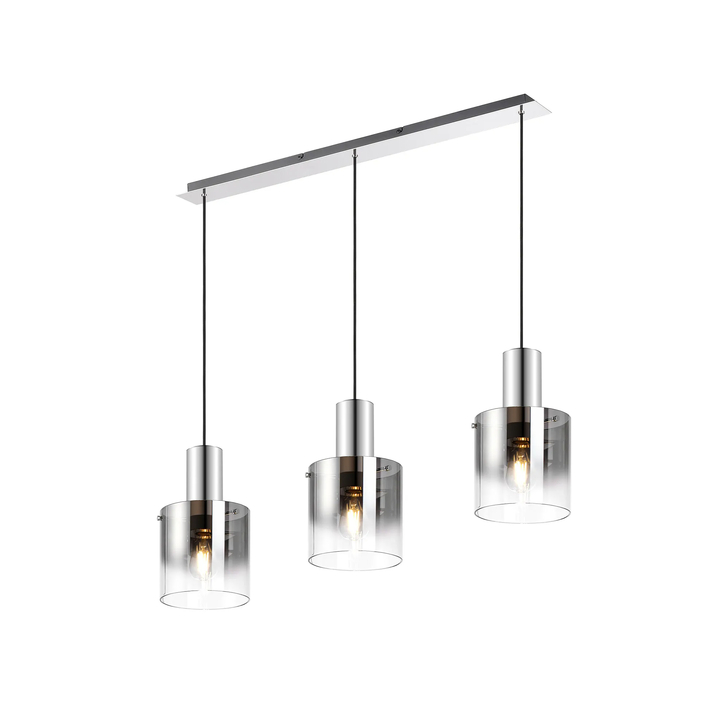 Idolite Snowdon 3 Light Linear Pendant In Polished Nickel With Smoke Ombre Glass Shades