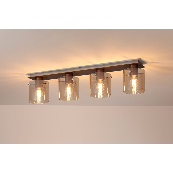 Idolite Snowdon 4 Light Flush Linear Ceiling Light In Mocha Complete With Amber Fade Glasses